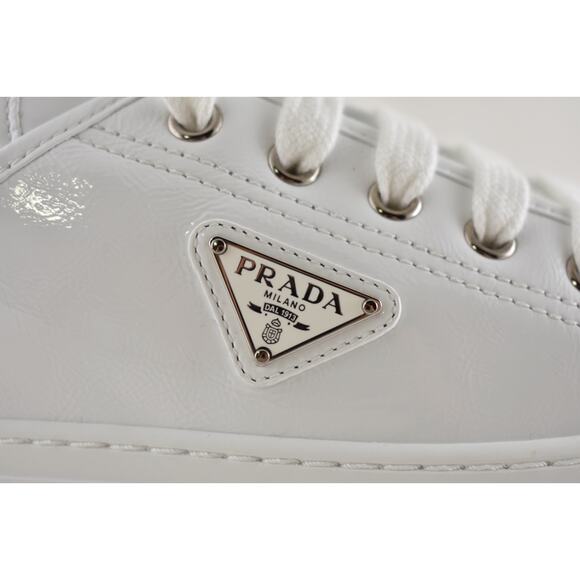 Prada Smash Naplak White Patent Logo Lace Up Flat Low Top Trainer Sneaker 38.5 - Picture 6 of 16